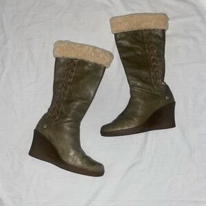 UGG Women's Shearling Lined Leather Knee High Wedge Boots Olive Brown Zip